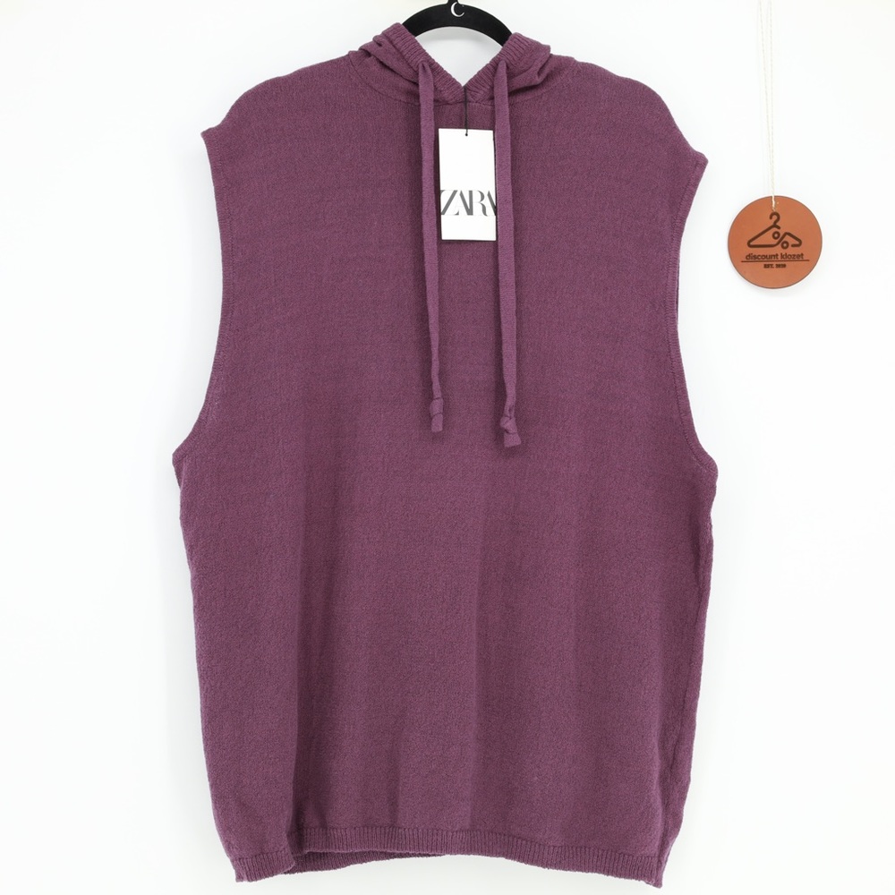 Zara Sleeveless Knit Hoodie Pullover Sweater Plum Purple‎ Size L/XL NWT